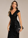 Sequined V-Neck Short Sleeves Bodycon Wedding Guest Dress