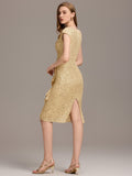 Sequined V-Neck Short Sleeves Bodycon Wedding Guest Dress