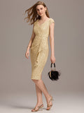 Sequined V-Neck Short Sleeves Bodycon Wedding Guest Dress