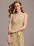 Sequined V-Neck Short Sleeves Bodycon Wedding Guest Dress