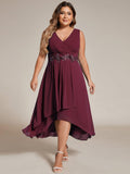 A-Line Plus Size V-Neck Ruffles Sleeveless Appliques Wedding Guest Dress