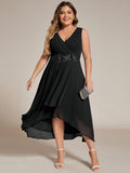 A-Line Plus Size V-Neck Ruffles Sleeveless Appliques Wedding Guest Dress
