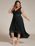 A-Line Plus Size V-Neck Ruffles Sleeveless Appliques Wedding Guest Dress