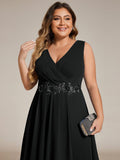 A-Line Plus Size V-Neck Ruffles Sleeveless Appliques Wedding Guest Dress