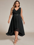 A-Line Plus Size V-Neck Ruffles Sleeveless Appliques Wedding Guest Dress