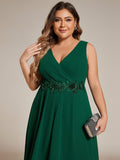 A-Line Plus Size V-Neck Ruffles Sleeveless Appliques Wedding Guest Dress