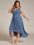 A-Line Plus Size V-Neck Ruffles Sleeveless Appliques Wedding Guest Dress