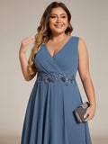 A-Line Plus Size V-Neck Ruffles Sleeveless Appliques Wedding Guest Dress