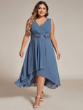 A-Line Plus Size V-Neck Ruffles Sleeveless Appliques Wedding Guest Dress
