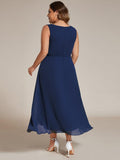 A-Line Plus Size V-Neck Ruffles Sleeveless Appliques Wedding Guest Dress