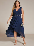 A-Line Plus Size V-Neck Ruffles Sleeveless Appliques Wedding Guest Dress