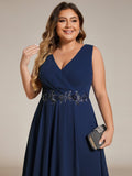 A-Line Plus Size V-Neck Ruffles Sleeveless Appliques Wedding Guest Dress