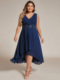 A-Line Plus Size V-Neck Ruffles Sleeveless Appliques Wedding Guest Dress