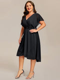 Plus Size Black Short Sleeve A-Line V-Neck Wedding Guest Dress with Appliques