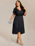 Plus Size Black Short Sleeve A-Line V-Neck Wedding Guest Dress with Appliques