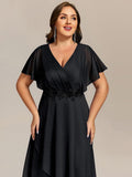 Plus Size Black Short Sleeve A-Line V-Neck Wedding Guest Dress with Appliques