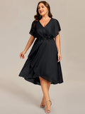 Plus Size Black Short Sleeve A-Line V-Neck Wedding Guest Dress with Appliques