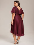 Plus Size Glitter A-Line V-Neck Midi Wedding Guest Dress with Short Sleeve