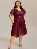 Plus Size Glitter A-Line V-Neck Midi Wedding Guest Dress with Short Sleeve
