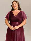 Plus Size Glitter A-Line V-Neck Midi Wedding Guest Dress with Short Sleeve