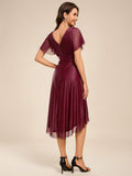 A-Line Short Sleeve V-Neck Pleated Glitter Wedding Guest Dress with Belt
