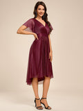 A-Line Short Sleeve V-Neck Pleated Glitter Wedding Guest Dress with Belt