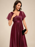 A-Line Short Sleeve V-Neck Pleated Glitter Wedding Guest Dress with Belt