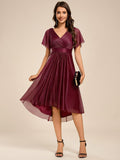 A-Line Short Sleeve V-Neck Pleated Glitter Wedding Guest Dress with Belt