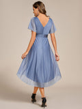 A-Line Short Sleeve V-Neck Pleated Glitter Wedding Guest Dress with Belt