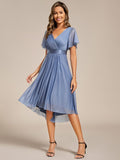 A-Line Short Sleeve V-Neck Pleated Glitter Wedding Guest Dress with Belt