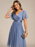 A-Line Short Sleeve V-Neck Pleated Glitter Wedding Guest Dress with Belt