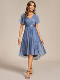 A-Line Short Sleeve V-Neck Pleated Glitter Wedding Guest Dress with Belt