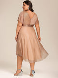 Plus Size Glitter A-Line V-Neck Midi Wedding Guest Dress with Short Sleeve