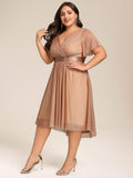 Plus Size Glitter A-Line V-Neck Midi Wedding Guest Dress with Short Sleeve