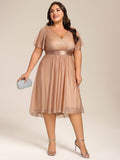 Plus Size Glitter A-Line V-Neck Midi Wedding Guest Dress with Short Sleeve