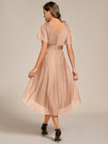 A-Line Short Sleeve V-Neck Pleated Glitter Wedding Guest Dress with Belt