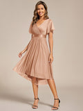 A-Line Short Sleeve V-Neck Pleated Glitter Wedding Guest Dress with Belt
