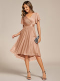 A-Line Short Sleeve V-Neck Pleated Glitter Wedding Guest Dress with Belt