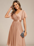 A-Line Short Sleeve V-Neck Pleated Glitter Wedding Guest Dress with Belt
