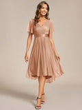 A-Line Short Sleeve V-Neck Pleated Glitter Wedding Guest Dress with Belt