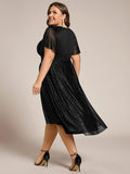 A-Line Glitter Short Sleeves Pleated Scoop Neck Wedding Guest Dress