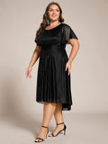 Glitter A-Line Pleated Short Sleeves Scoop knee Length Formal Dress