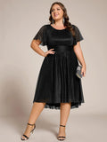 Glitter A-Line Pleated Short Sleeves Scoop knee Length Formal Dress