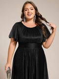 A-Line Glitter Short Sleeves Pleated Scoop Neck Wedding Guest Dress