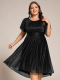 A-Line Glitter Short Sleeves Pleated Scoop Neck Wedding Guest Dress