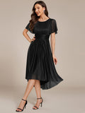Glitter A-Line Pleated Short Sleeves Scoop knee Length Formal Dress