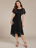 A-Line Glitter Short Sleeves Pleated Scoop Neck Wedding Guest Dress