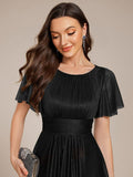 A-Line Glitter Short Sleeves Pleated Scoop Neck Wedding Guest Dress