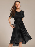 A-Line Glitter Short Sleeves Pleated Scoop Neck Wedding Guest Dress