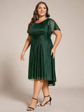 Glitter A-Line Pleated Short Sleeves Scoop knee Length Formal Dress